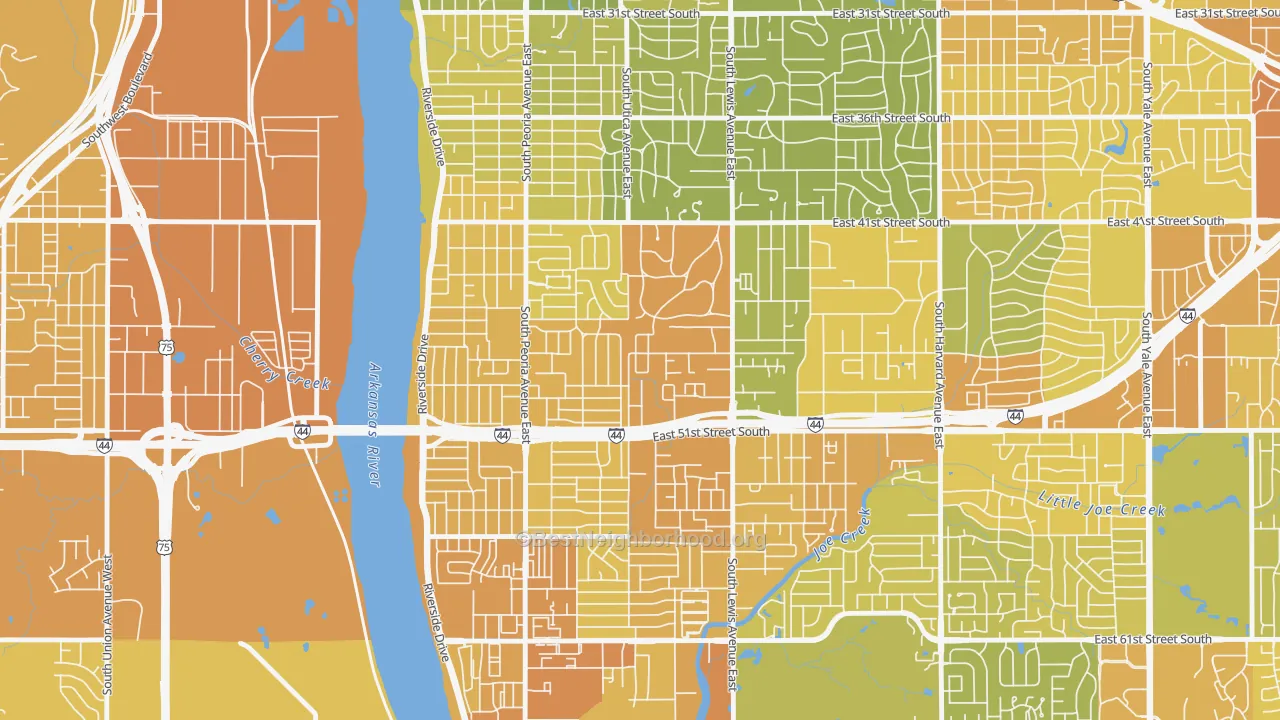 Map of the best neighborhoods in the 74105 area, with better matches in green and worse matches in red