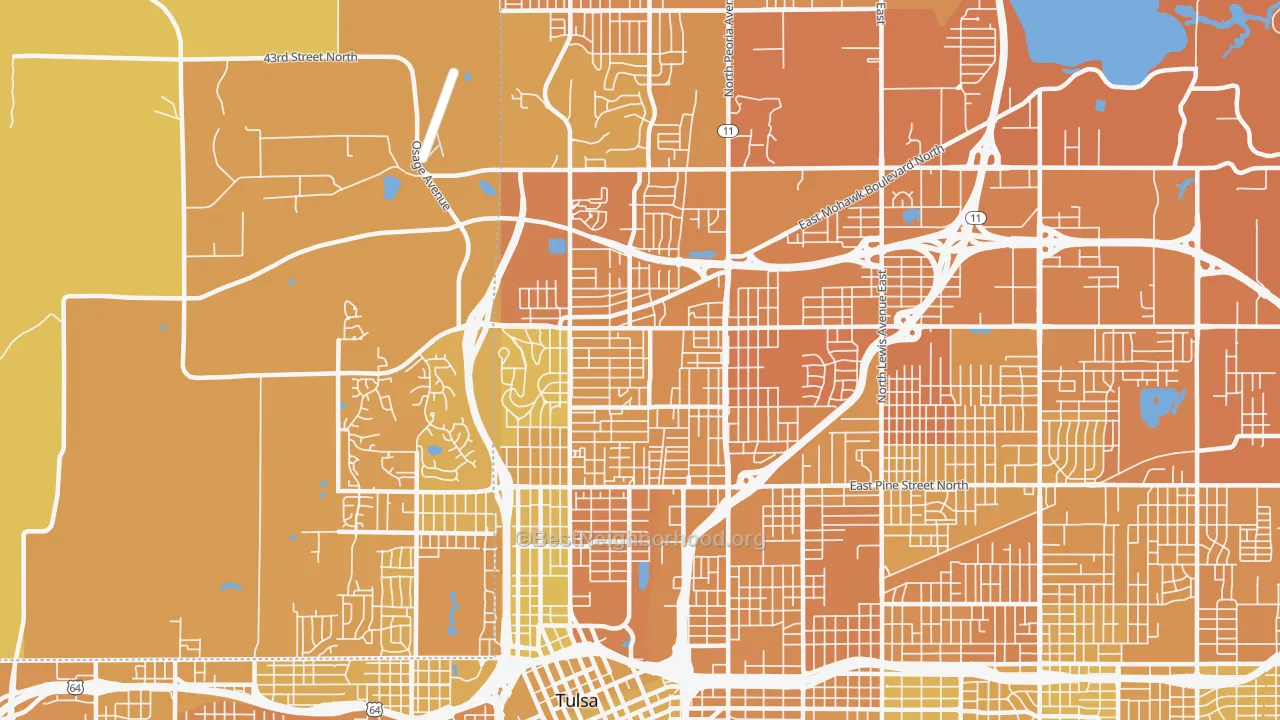Map of the best neighborhoods in the 74106 area, with better matches in green and worse matches in red