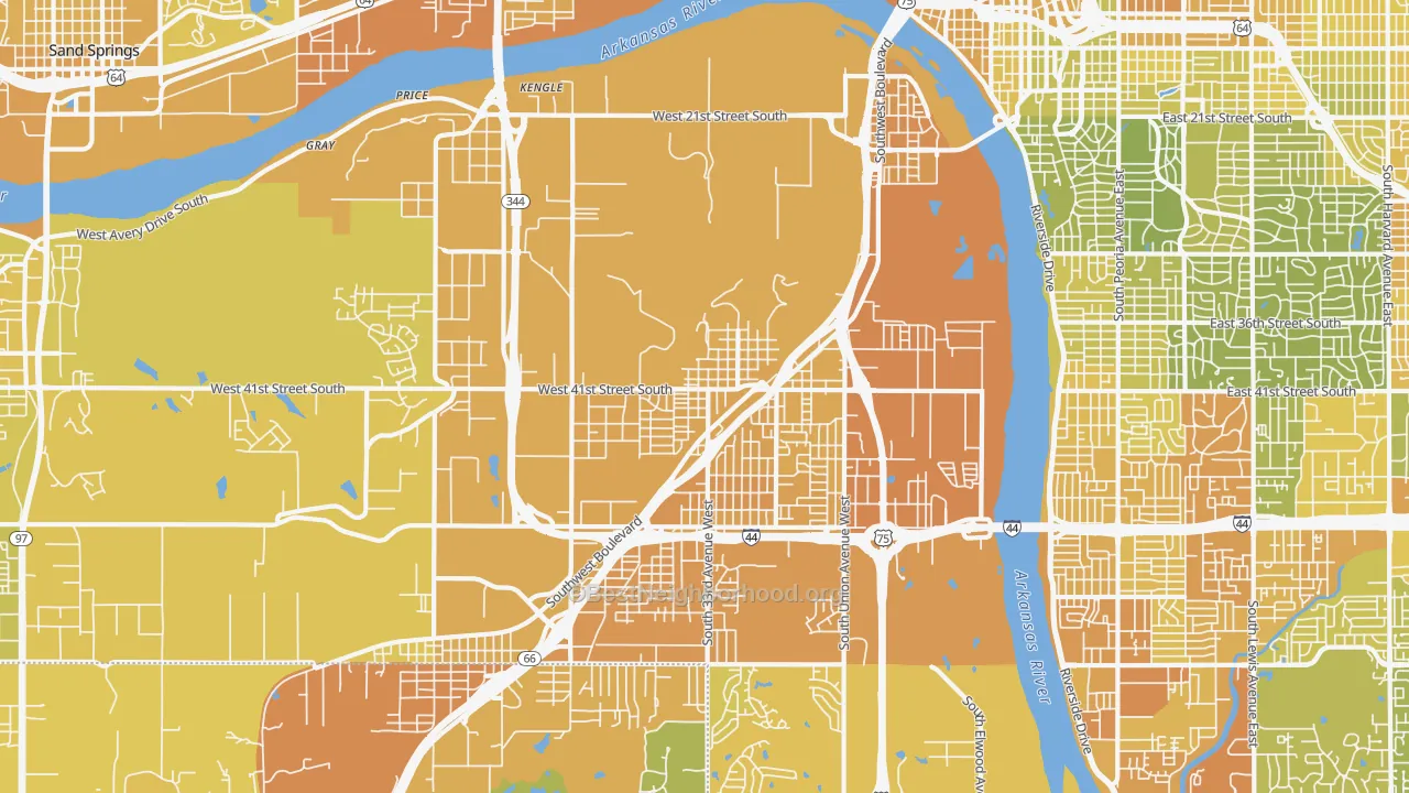 Map of the best neighborhoods in the 74107 area, with better matches in green and worse matches in red