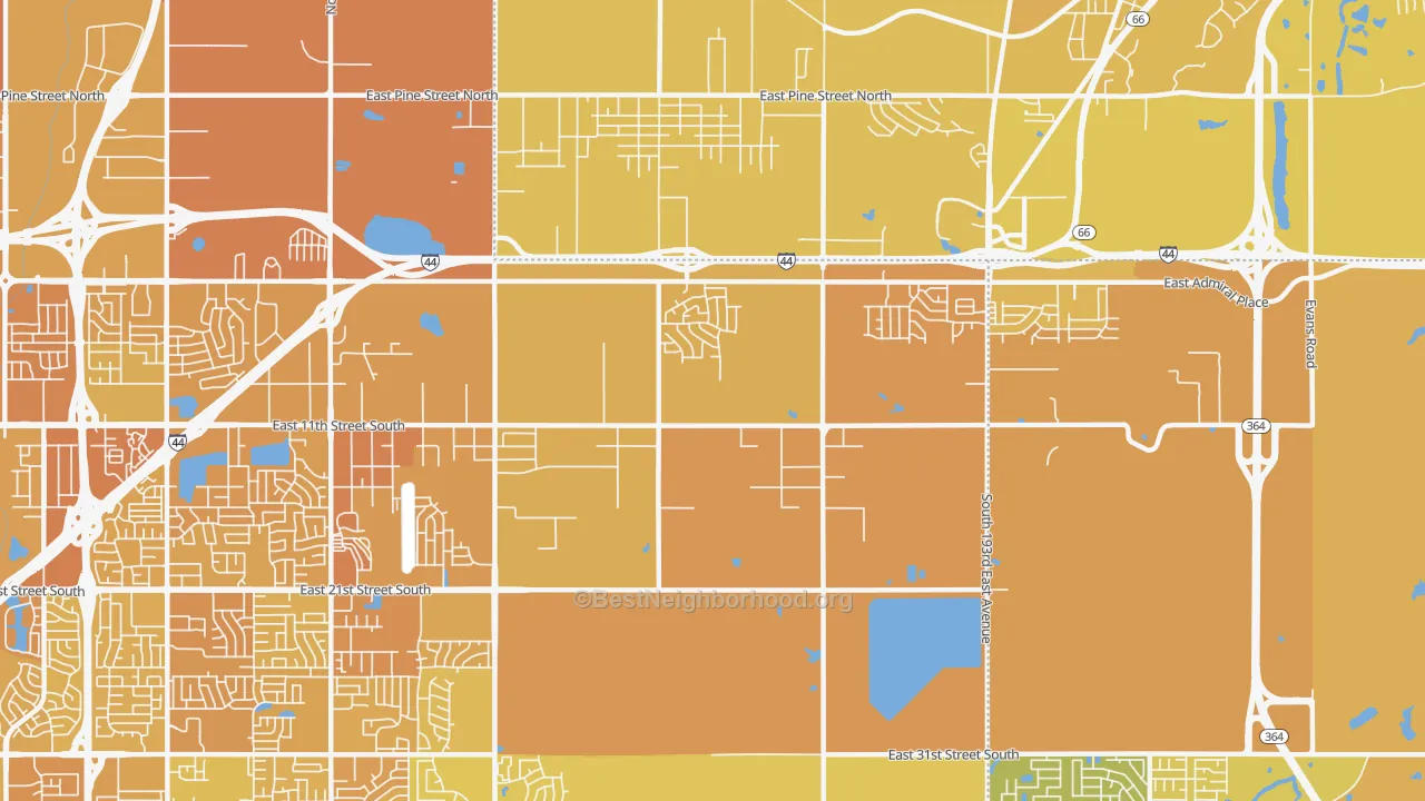 Map of the best neighborhoods in the 74108 area, with better matches in green and worse matches in red
