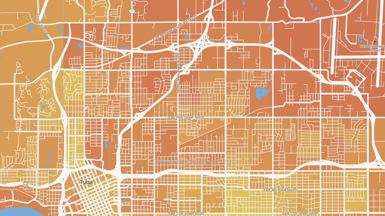 Map of the best neighborhoods in the 74110 area, with better matches in green and worse matches in red