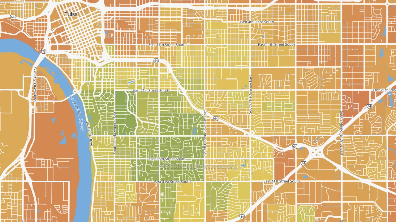 Map of the best neighborhoods in the 74114 area, with better matches in green and worse matches in red