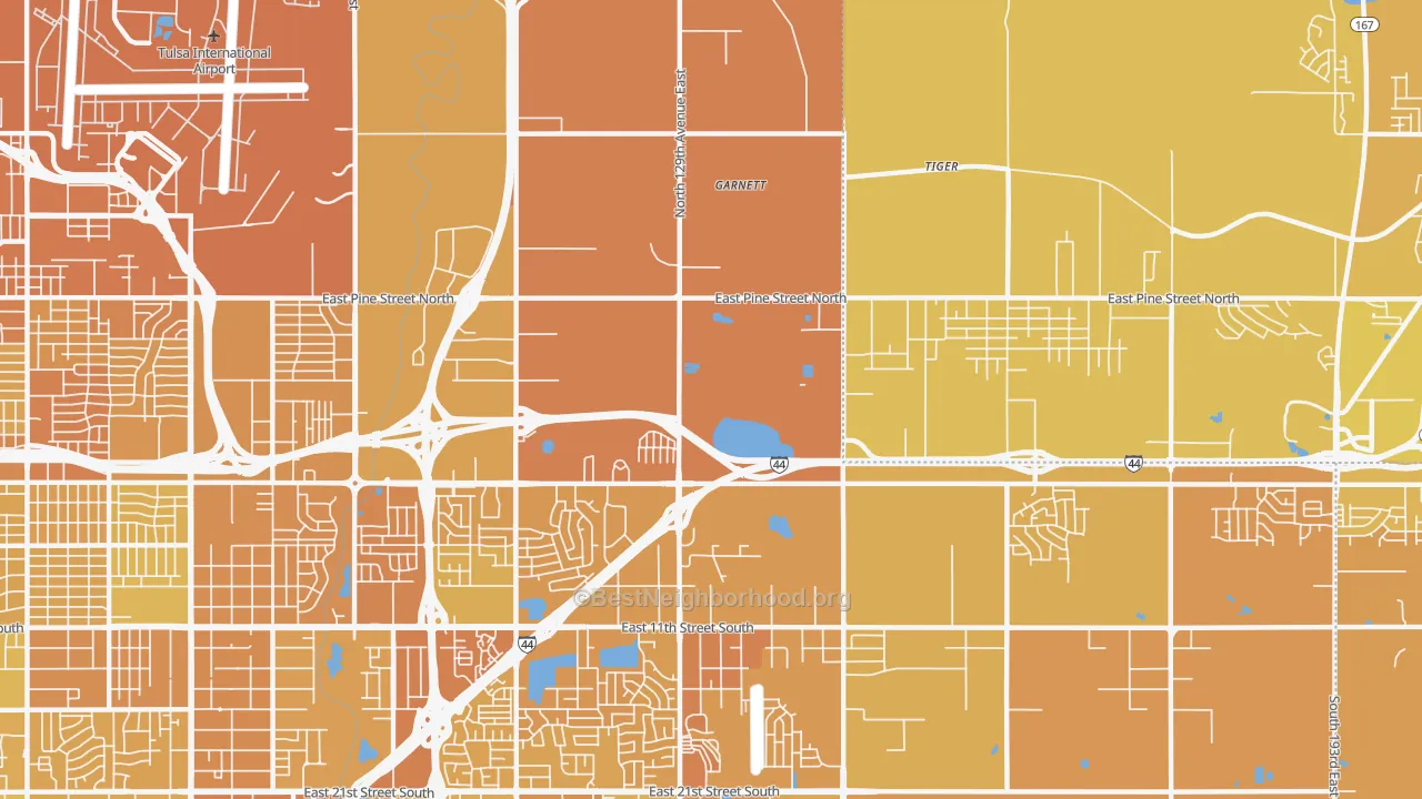 Map of the best neighborhoods in the 74116 area, with better matches in green and worse matches in red