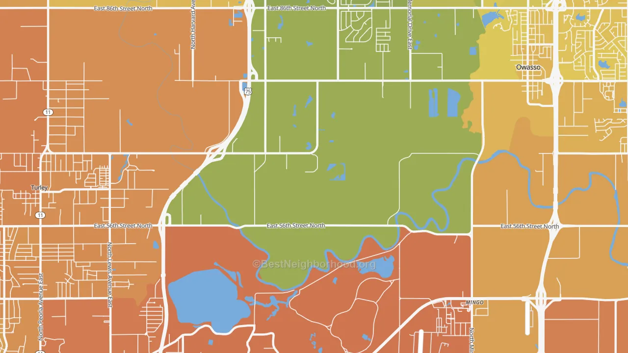 Map of the best neighborhoods in the 74117 area, with better matches in green and worse matches in red