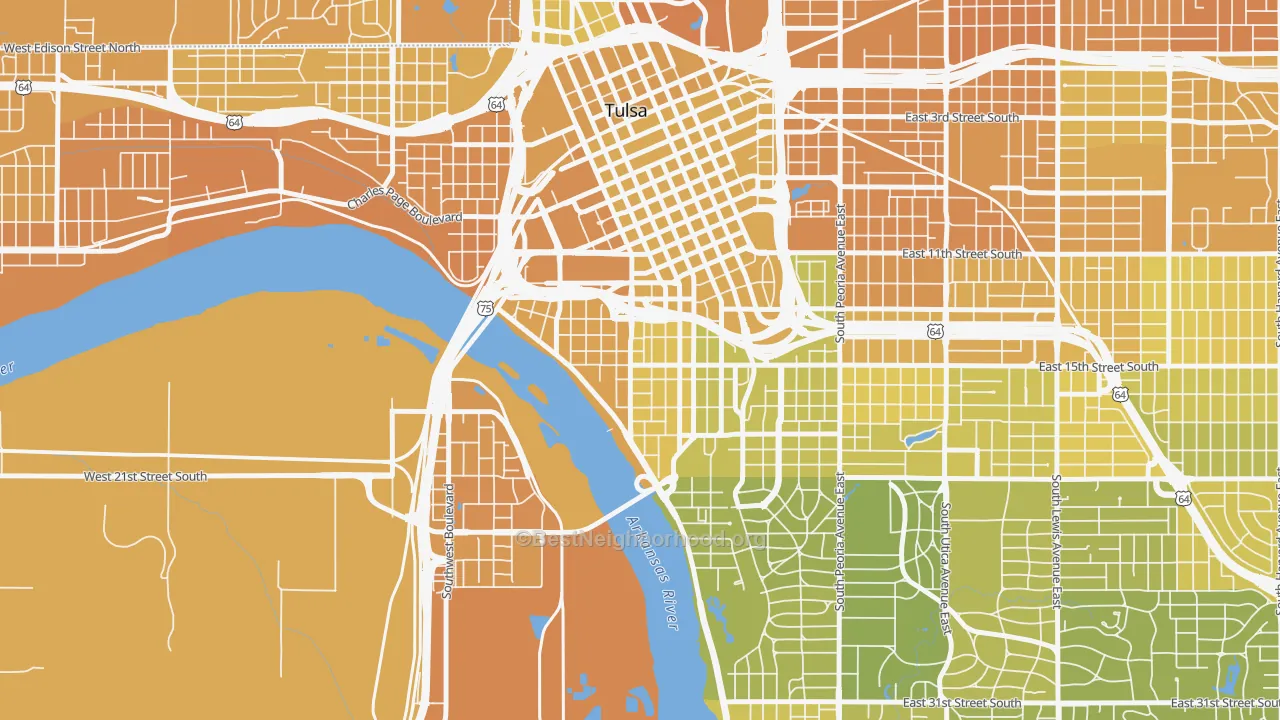 Map of the best neighborhoods in the 74119 area, with better matches in green and worse matches in red