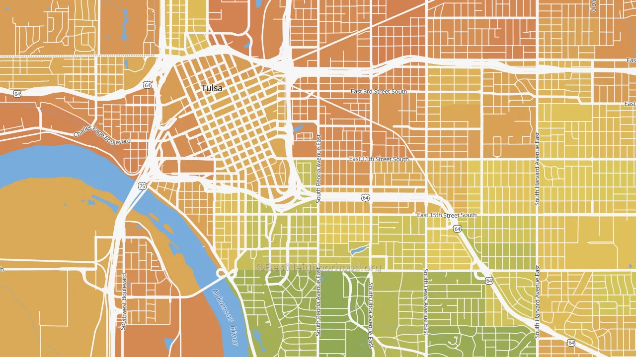 Map of the best neighborhoods in the 74120 area, with better matches in green and worse matches in red