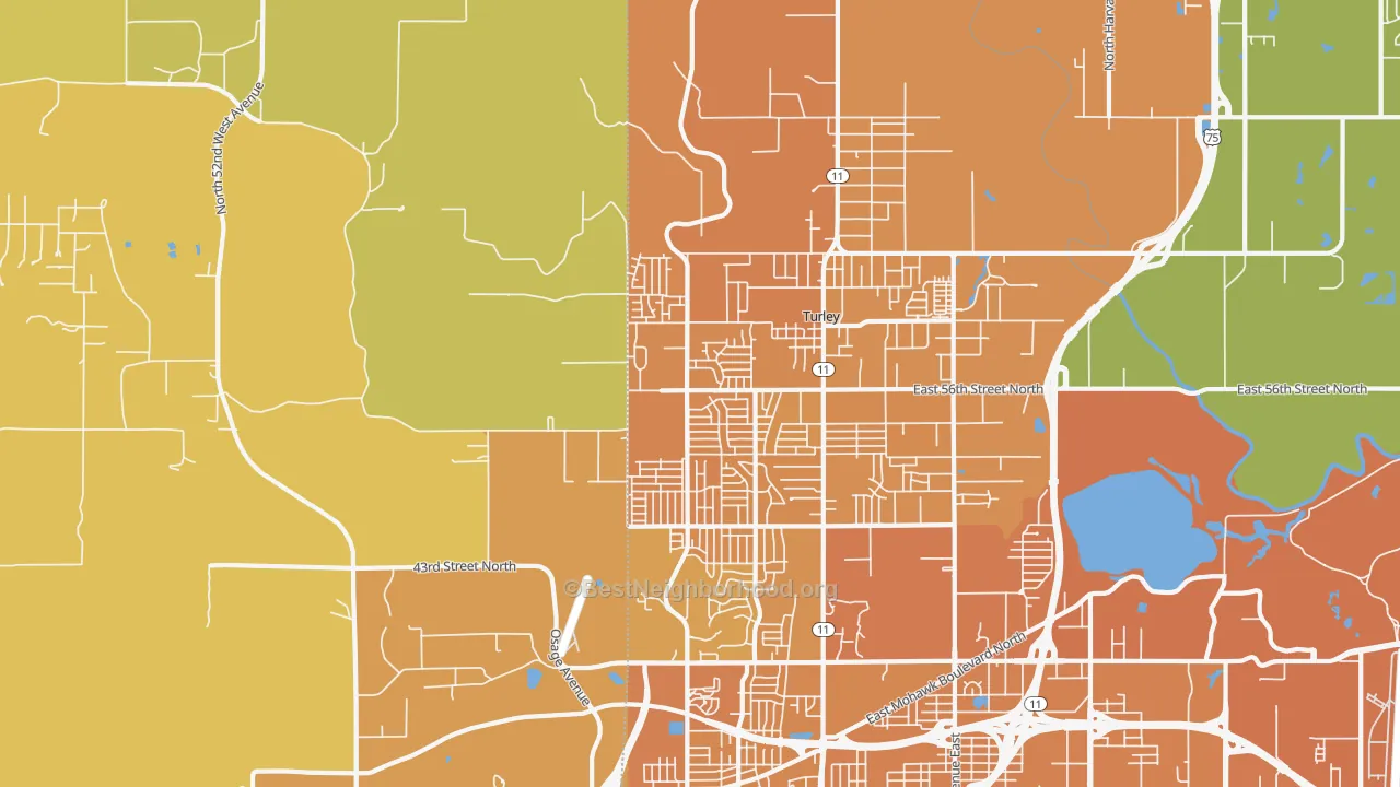 Map of the best neighborhoods in the 74126 area, with better matches in green and worse matches in red