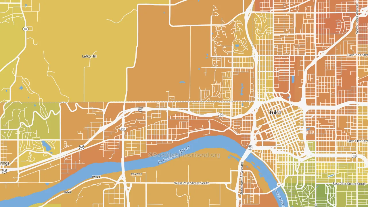 Map of the best neighborhoods in the 74127 area, with better matches in green and worse matches in red