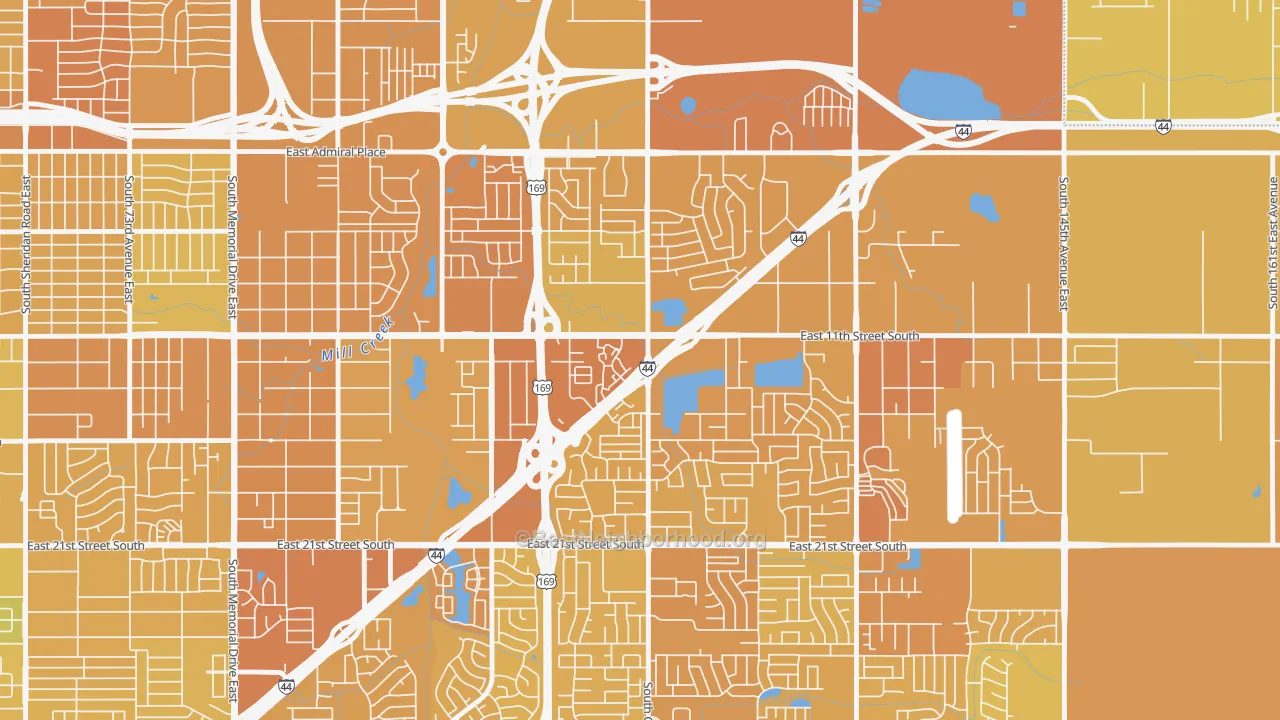 Map of the best neighborhoods in the 74128 area, with better matches in green and worse matches in red