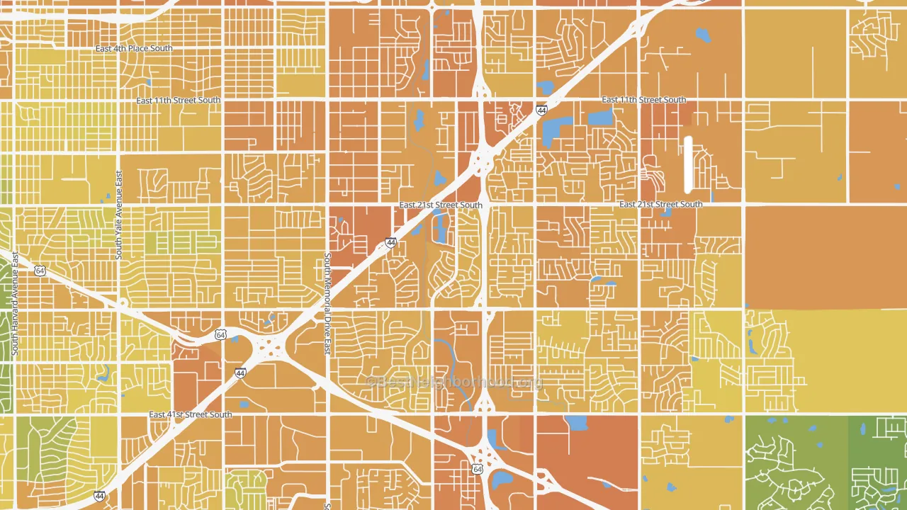 Map of the best neighborhoods in the 74129 area, with better matches in green and worse matches in red