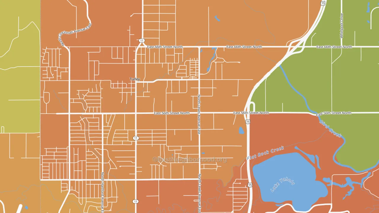 Map of the best neighborhoods in the 74130 area, with better matches in green and worse matches in red