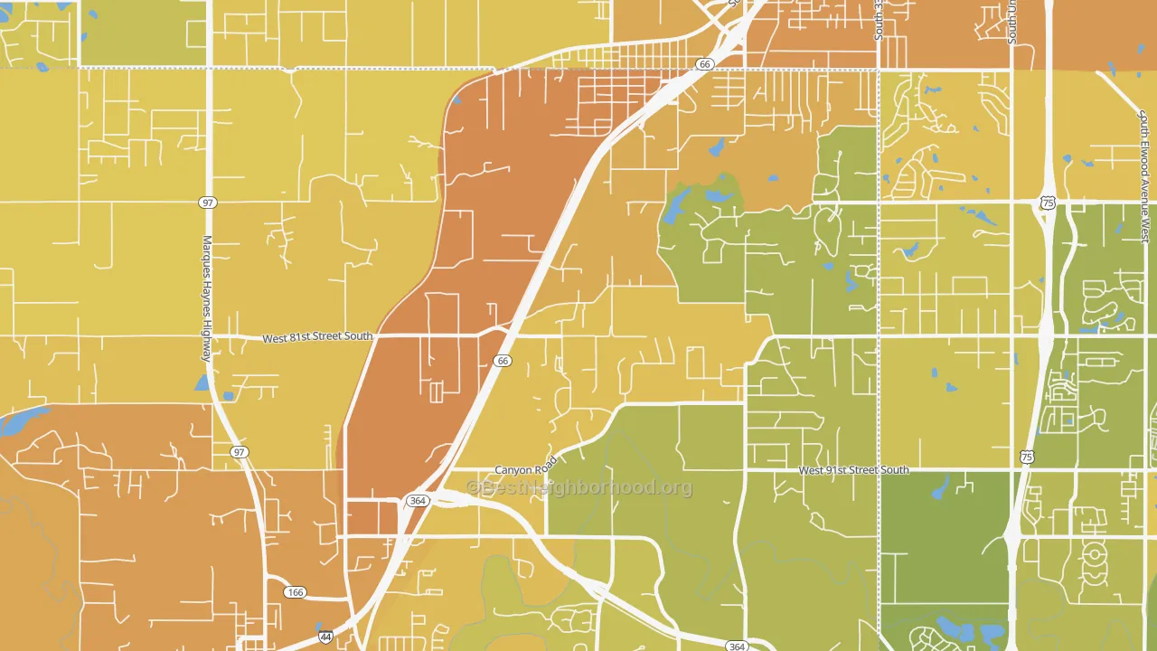 Map of the best neighborhoods in the 74131 area, with better matches in green and worse matches in red