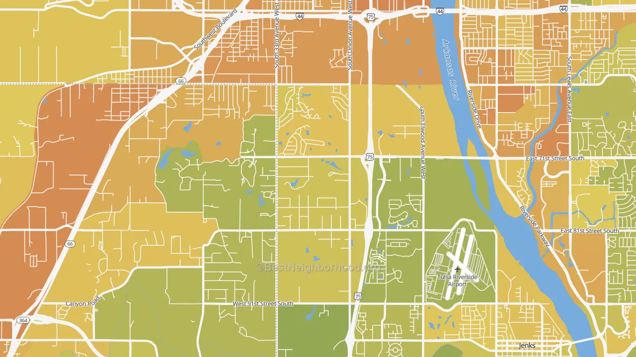 Map of the best neighborhoods in the 74132 area, with better matches in green and worse matches in red