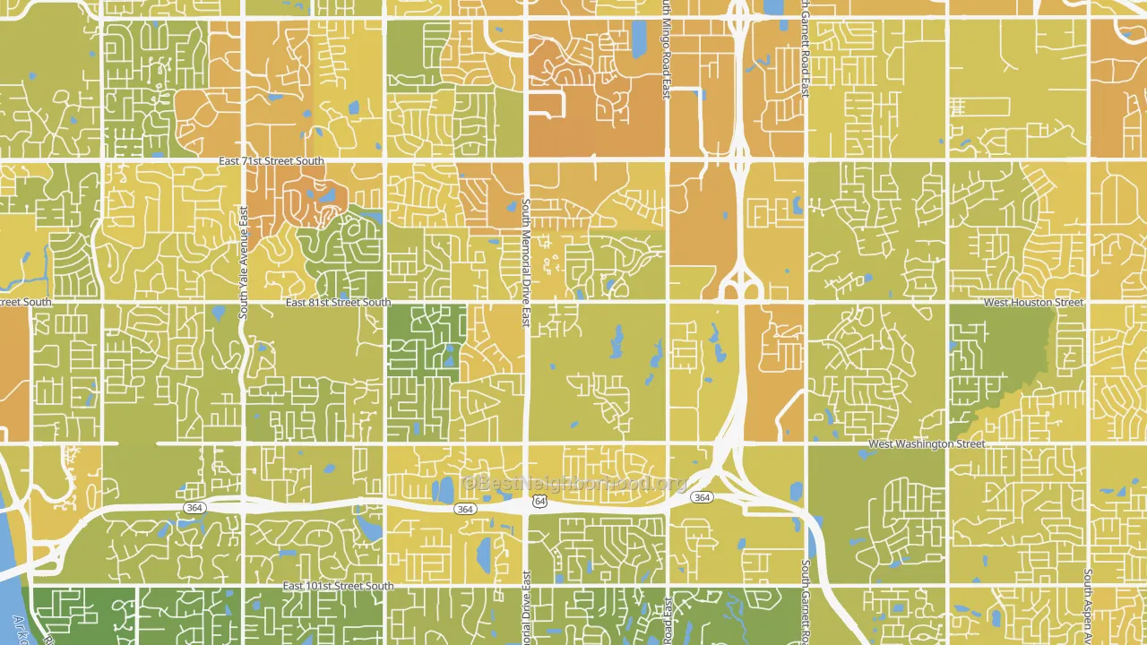 Map of the best neighborhoods in the 74133 area, with better matches in green and worse matches in red