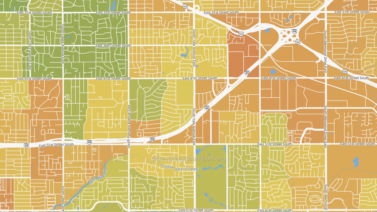 Map of the best neighborhoods in the 74135 area, with better matches in green and worse matches in red
