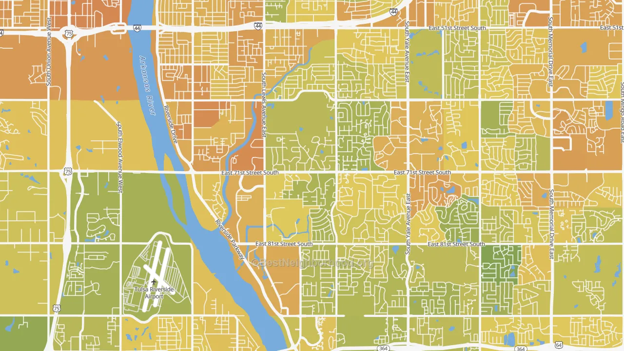 Map of the best neighborhoods in the 74136 area, with better matches in green and worse matches in red