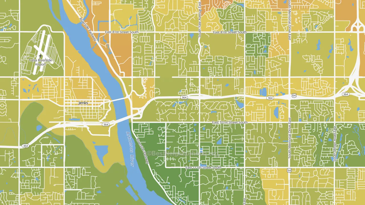 Map of the best neighborhoods in the 74137 area, with better matches in green and worse matches in red