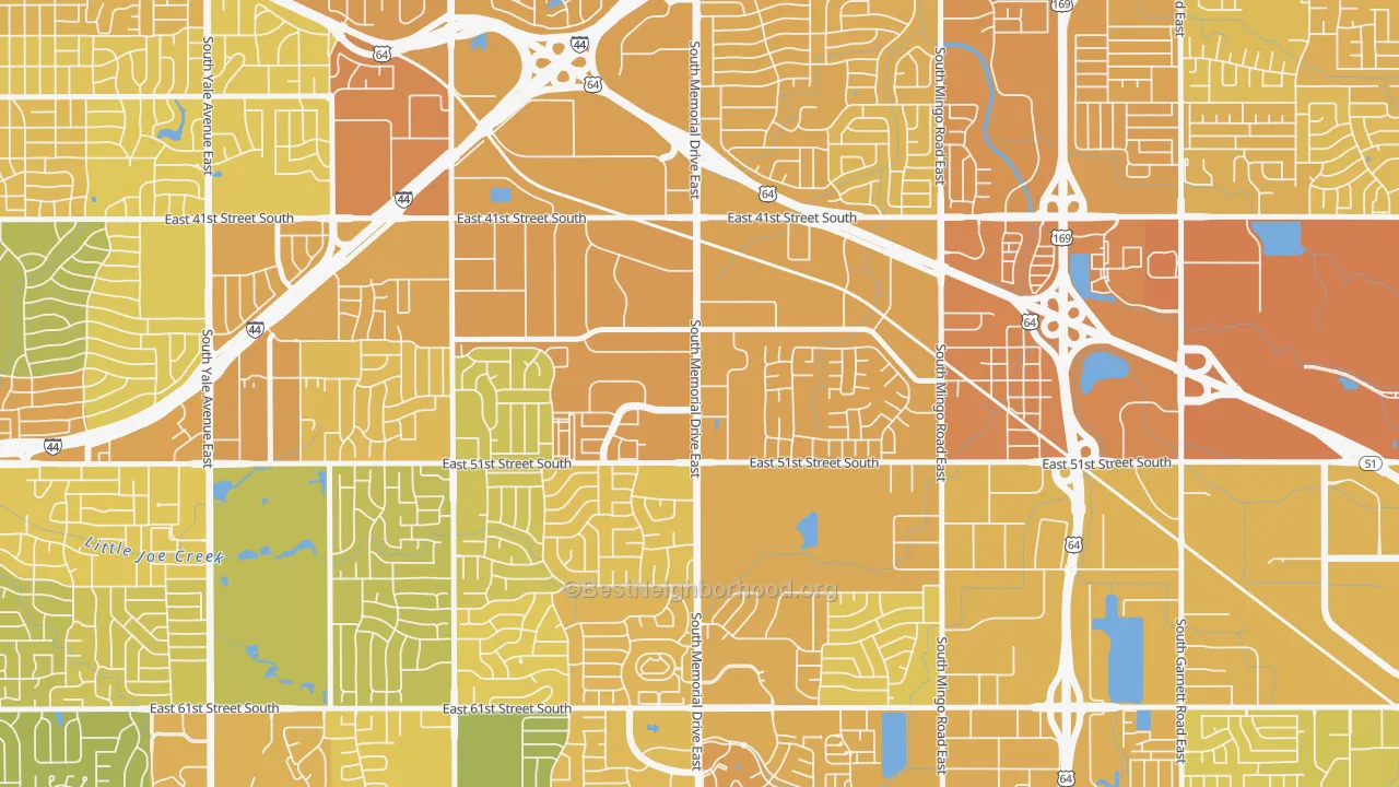 Map of the best neighborhoods in the 74145 area, with better matches in green and worse matches in red
