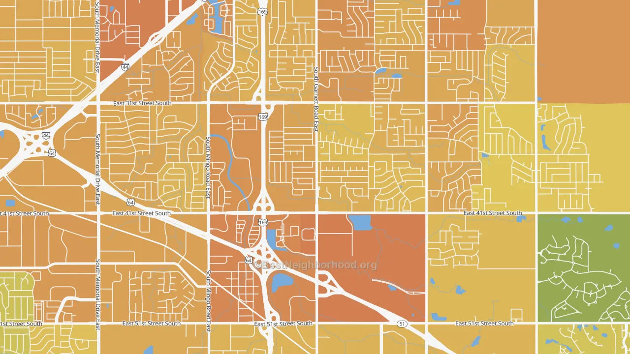 Map of the best neighborhoods in the 74146 area, with better matches in green and worse matches in red