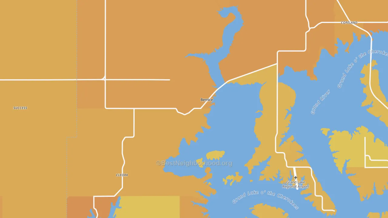 Map of the best neighborhoods in the 74331 area, with better matches in green and worse matches in red