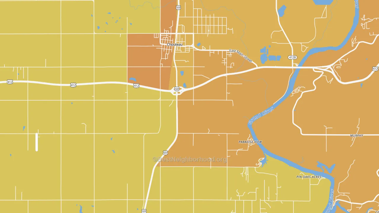 Map of the best neighborhoods in the 74337 area, with better matches in green and worse matches in red
