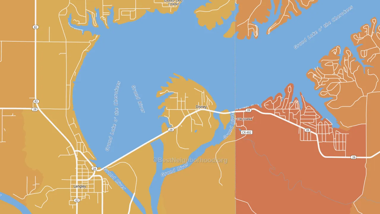 Map of the best neighborhoods in the 74340 area, with better matches in green and worse matches in red