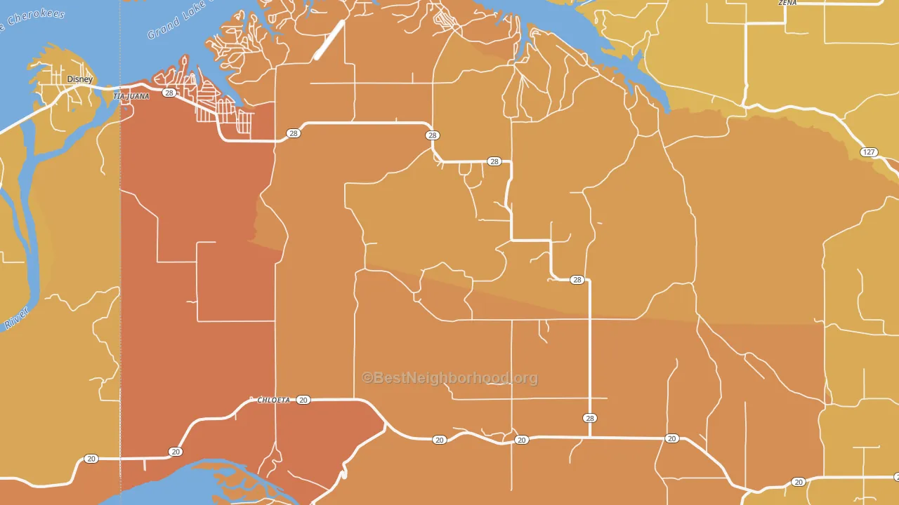 Map of the best neighborhoods in the 74342 area, with better matches in green and worse matches in red