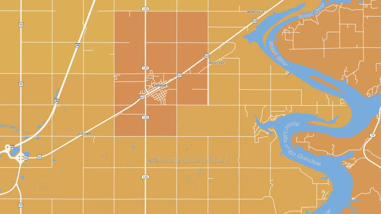 Map of the best neighborhoods in the 74343 area, with better matches in green and worse matches in red