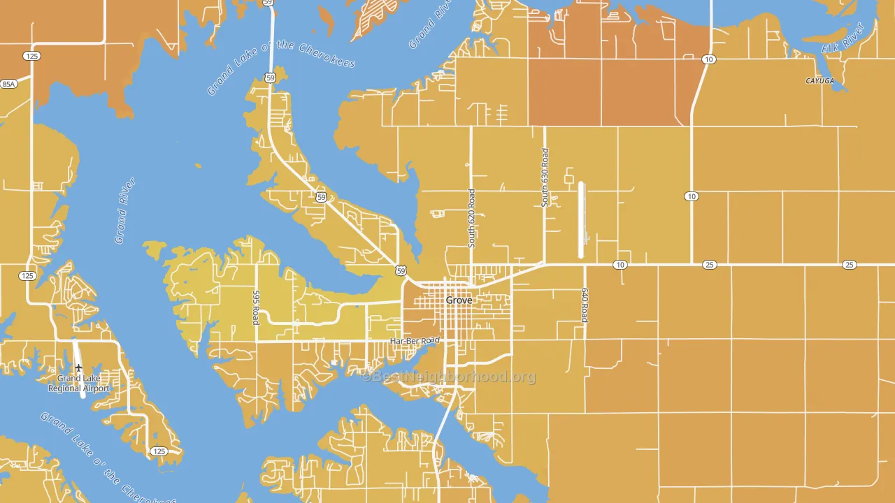 Map of the best neighborhoods in the 74344 area, with better matches in green and worse matches in red