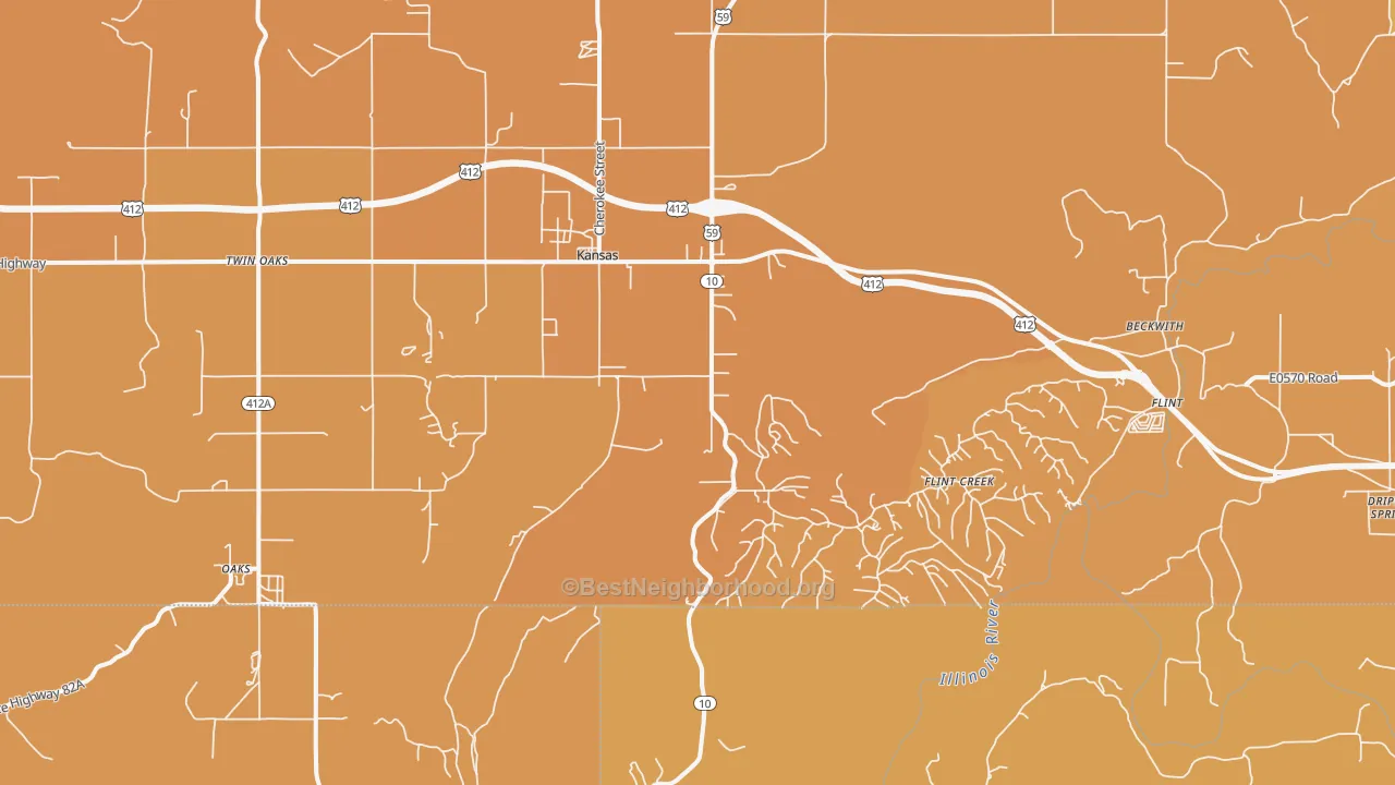 Map of the best neighborhoods in the 74347 area, with better matches in green and worse matches in red