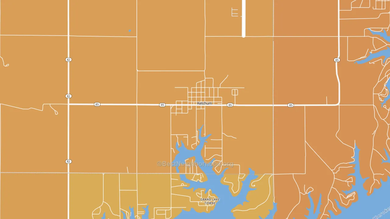 Map of the best neighborhoods in the 74349 area, with better matches in green and worse matches in red