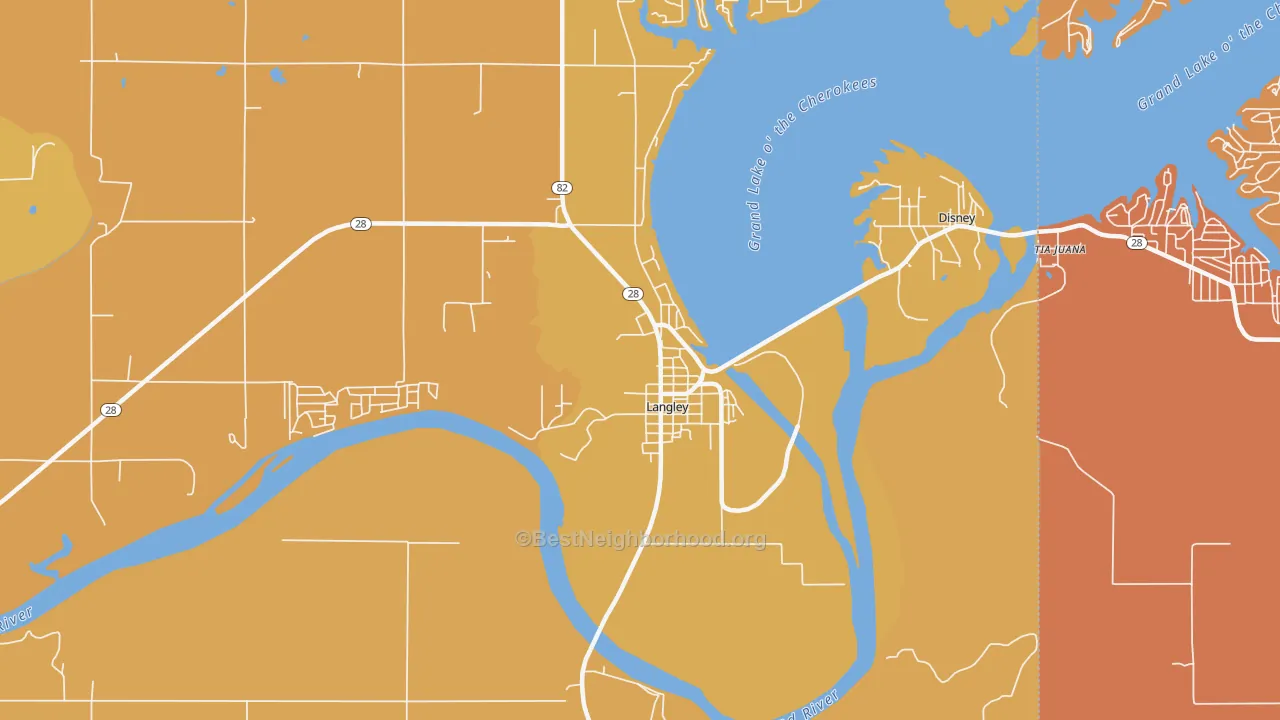 Map of the best neighborhoods in the 74350 area, with better matches in green and worse matches in red