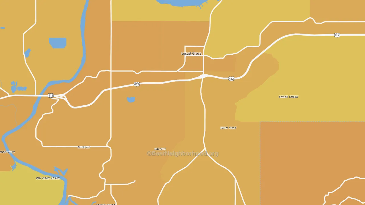 Map of the best neighborhoods in the 74352 area, with better matches in green and worse matches in red