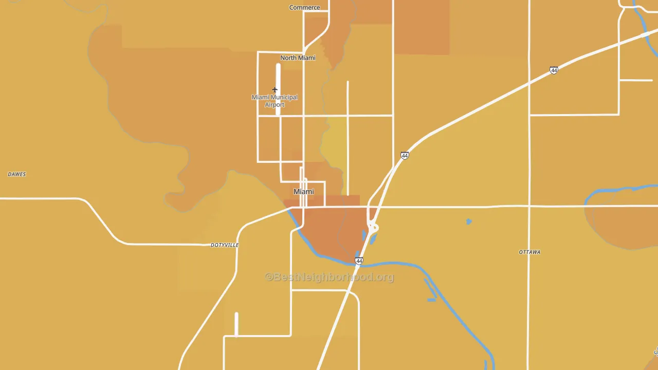 Map of the best neighborhoods in the 74354 area, with better matches in green and worse matches in red