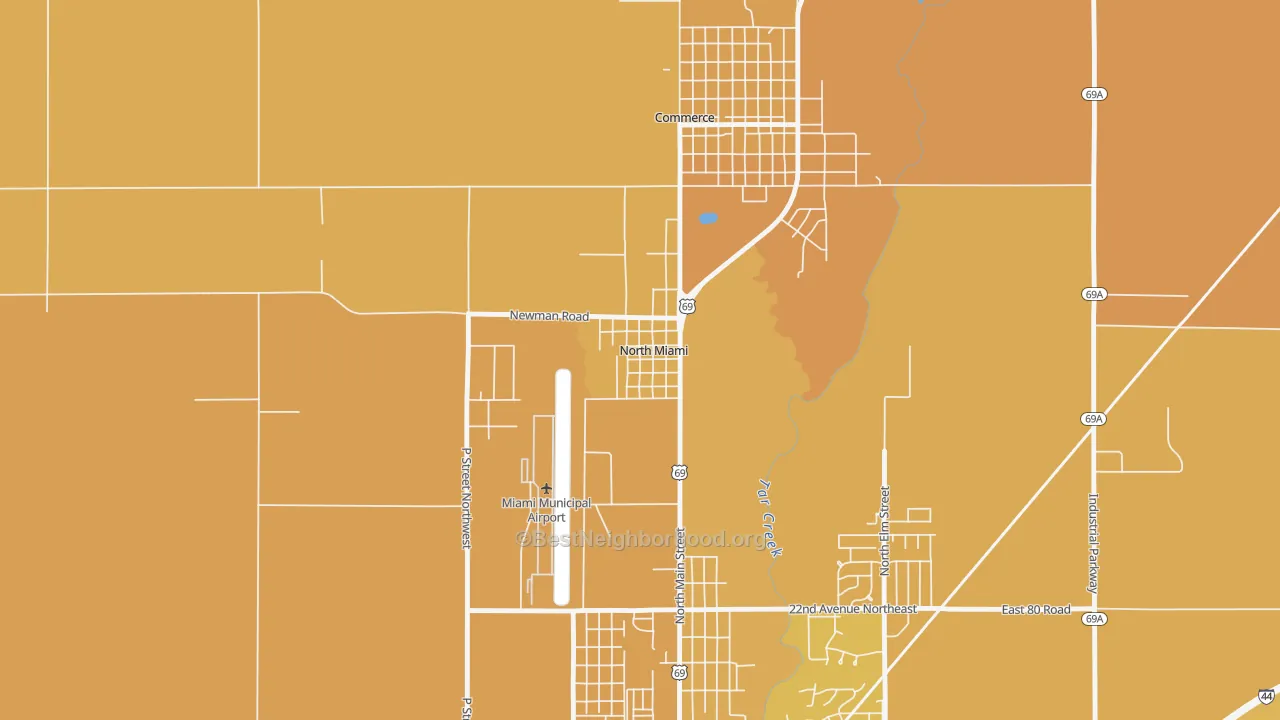 Map of the best neighborhoods in the 74358 area, with better matches in green and worse matches in red