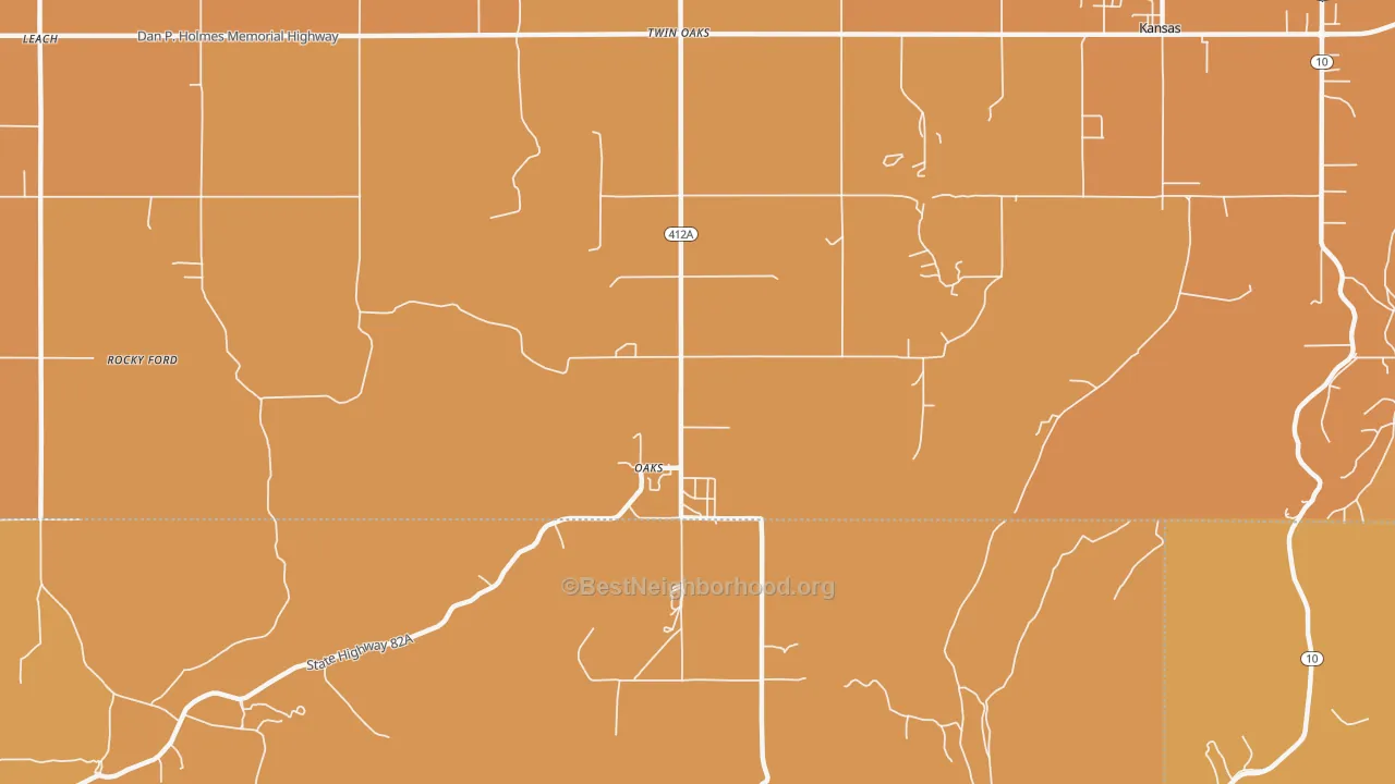 Map of the best neighborhoods in the 74359 area, with better matches in green and worse matches in red