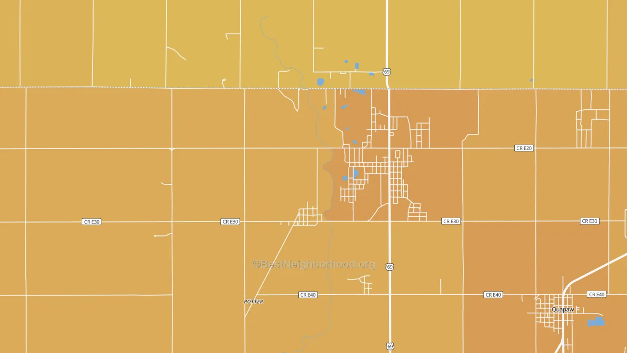 Map of the best neighborhoods in the 74360 area, with better matches in green and worse matches in red