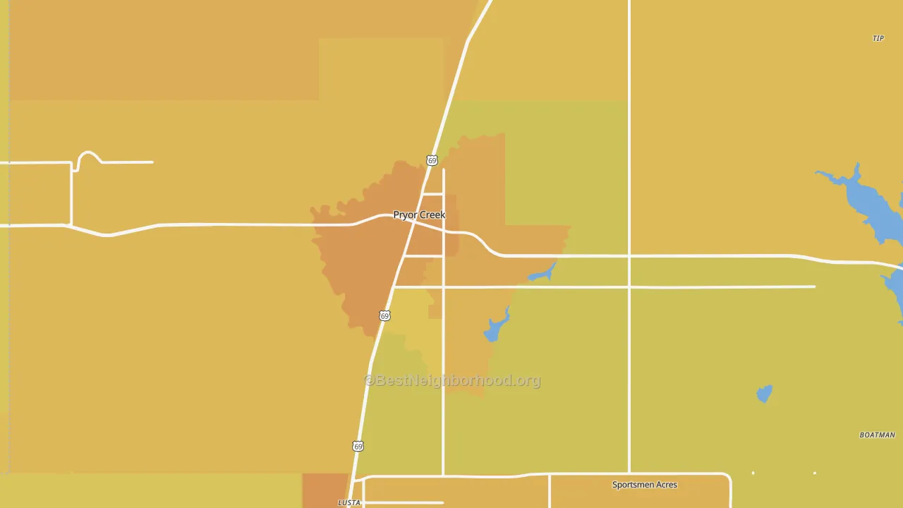Map of the best neighborhoods in the 74361 area, with better matches in green and worse matches in red