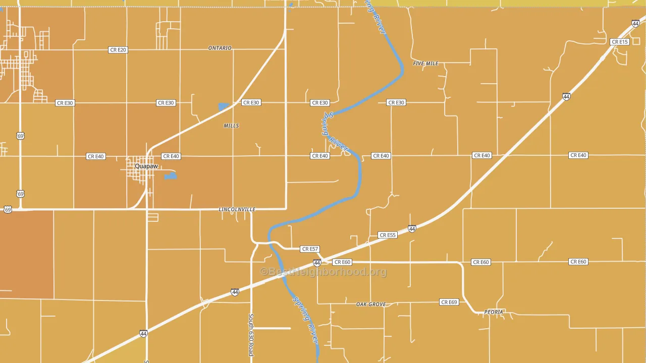 Map of the best neighborhoods in the 74363 area, with better matches in green and worse matches in red