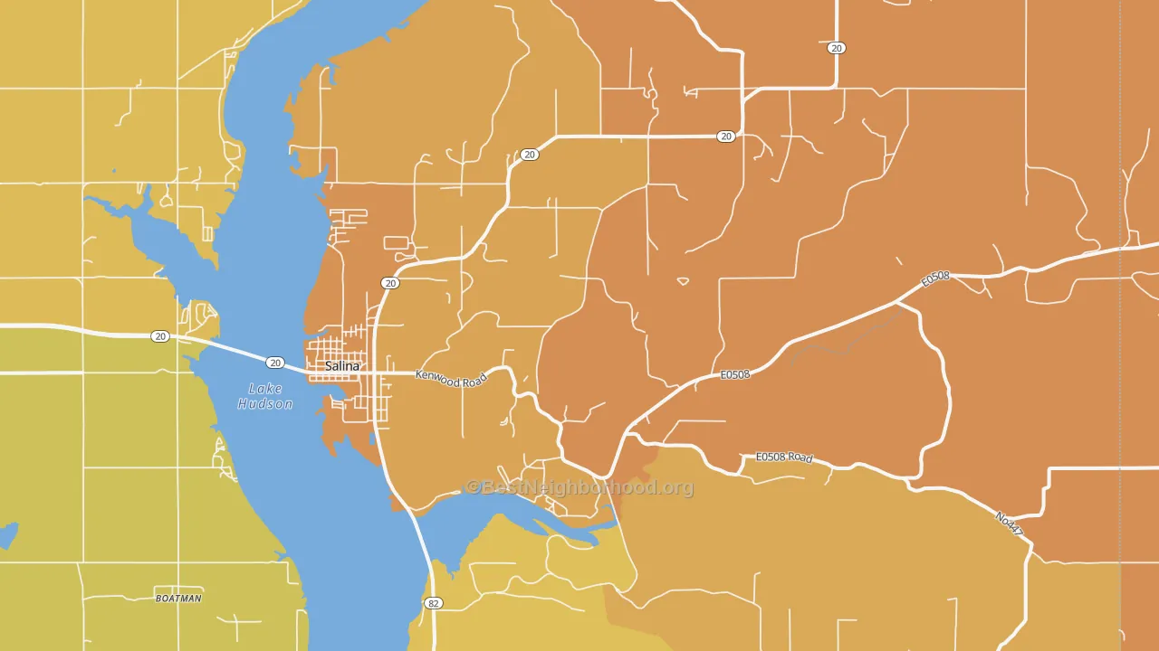 Map of the best neighborhoods in the 74365 area, with better matches in green and worse matches in red