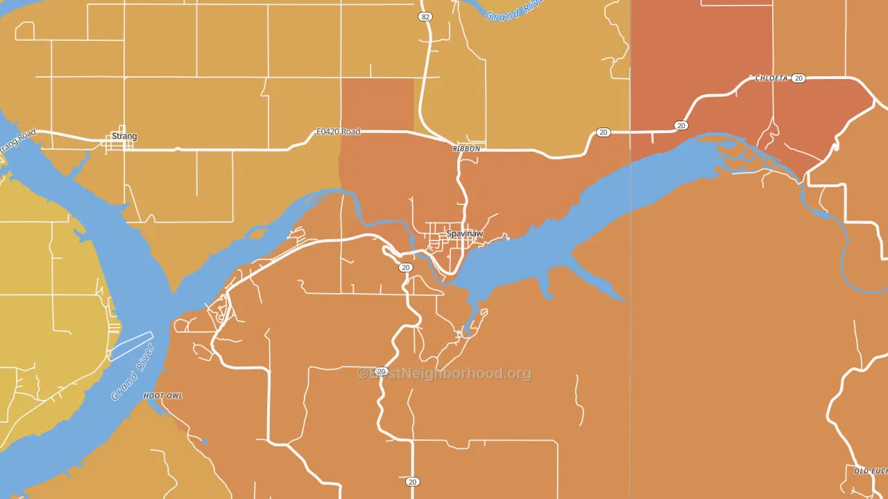 Map of the best neighborhoods in the 74366 area, with better matches in green and worse matches in red