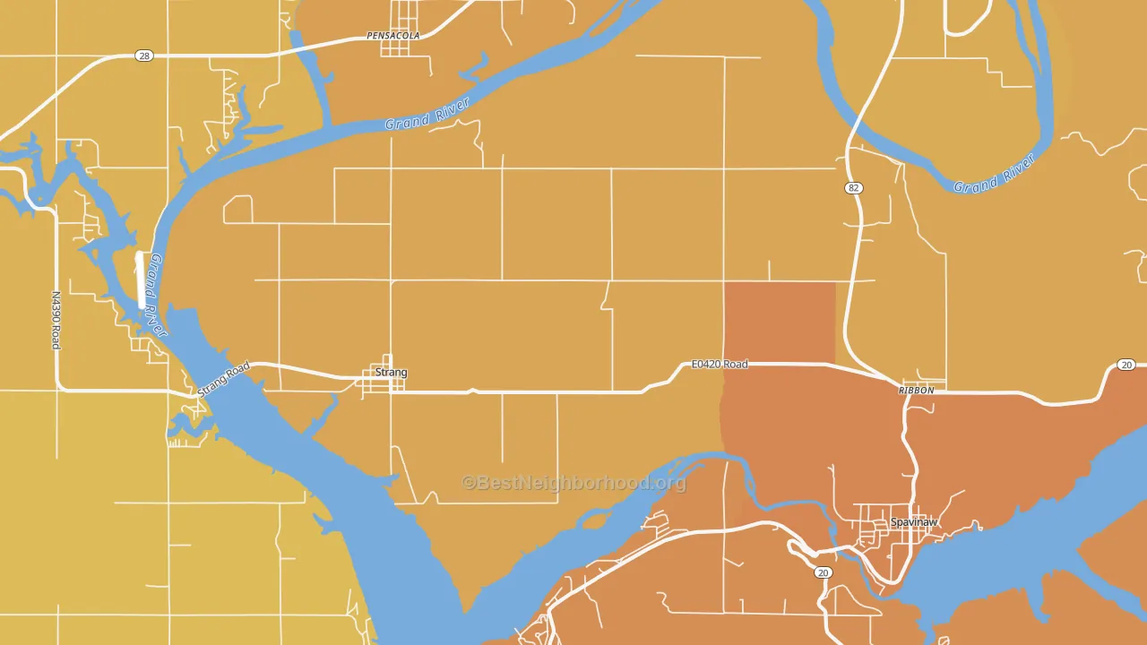 Map of the best neighborhoods in the 74367 area, with better matches in green and worse matches in red