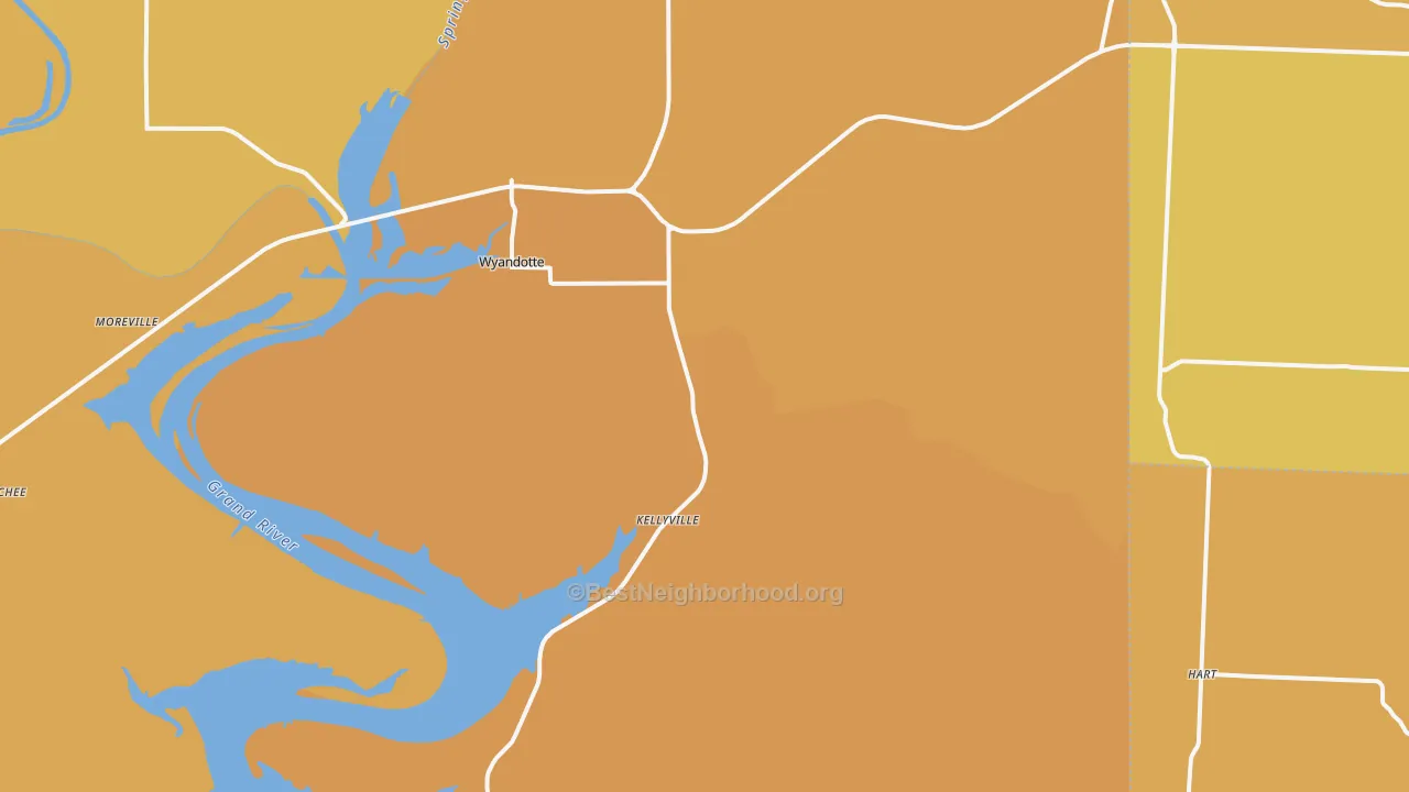 Map of the best neighborhoods in the 74370 area, with better matches in green and worse matches in red