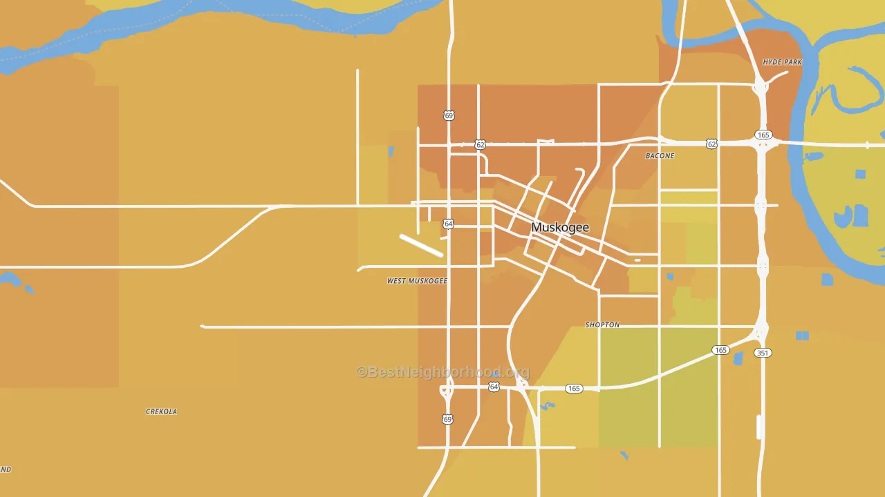 Map of the best neighborhoods in the 74401 area, with better matches in green and worse matches in red