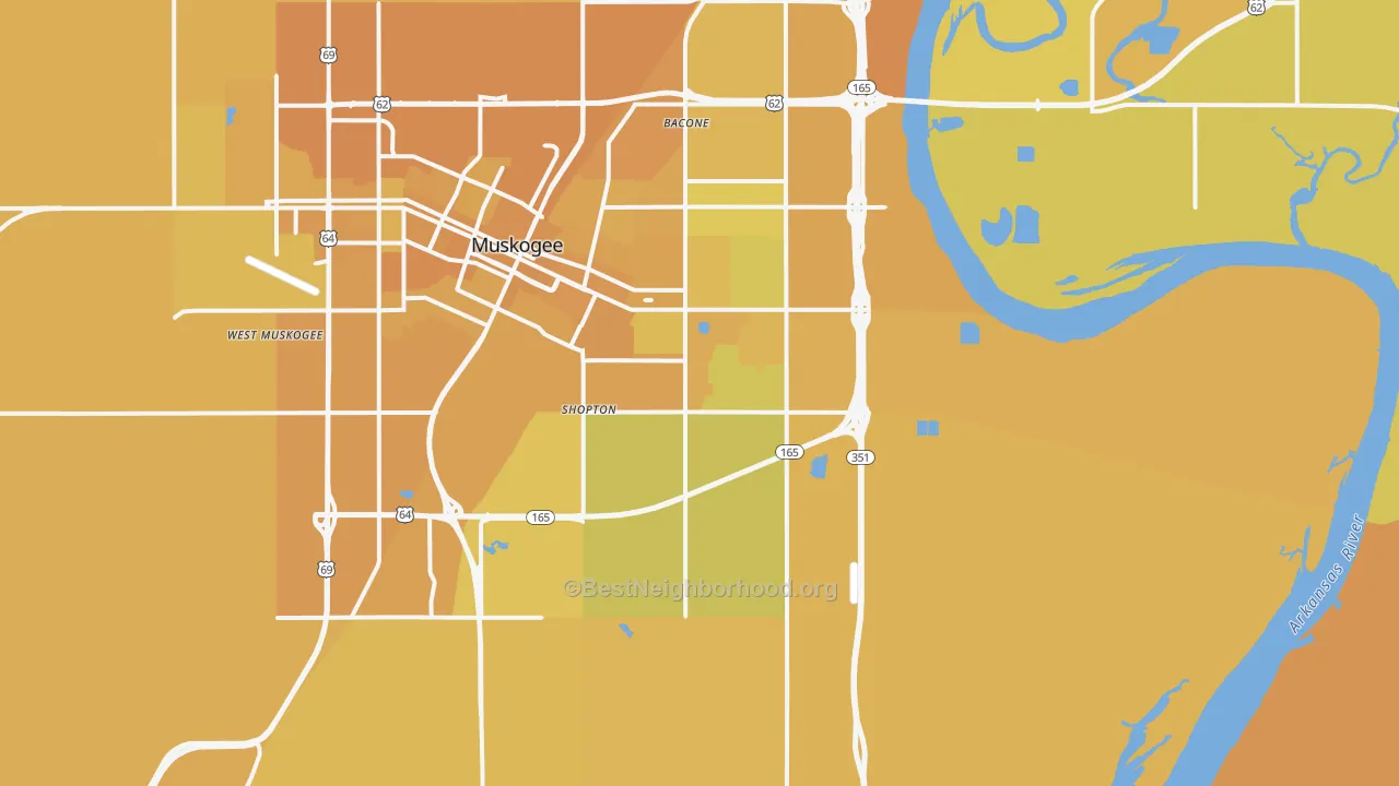 Map of the best neighborhoods in the 74403 area, with better matches in green and worse matches in red
