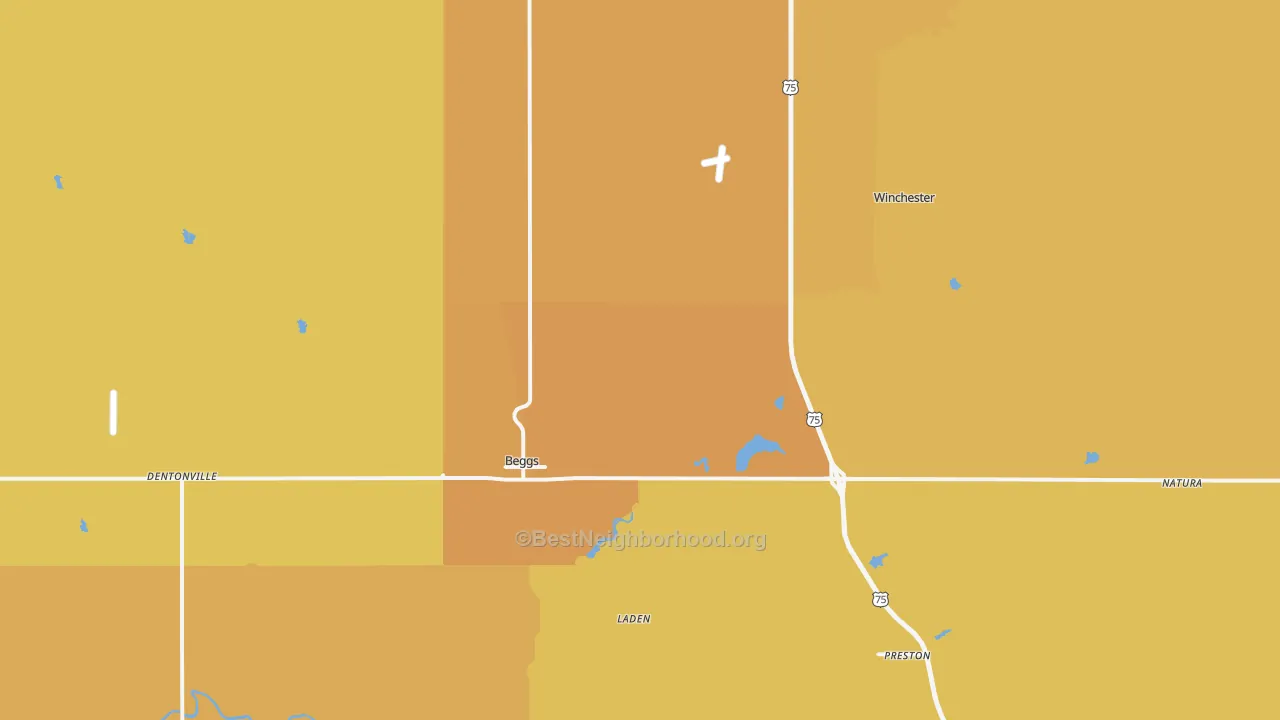 Map of the best neighborhoods in the 74421 area, with better matches in green and worse matches in red