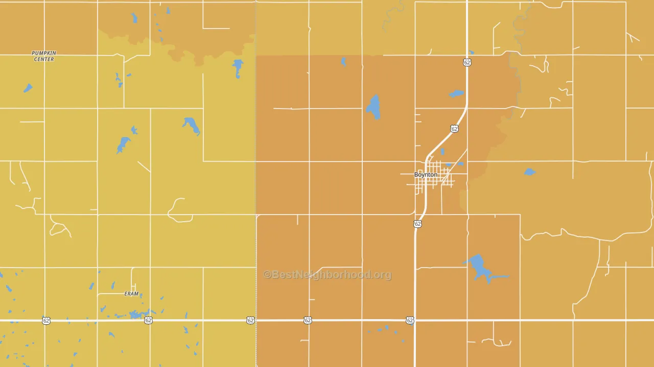 Map of the best neighborhoods in the 74422 area, with better matches in green and worse matches in red