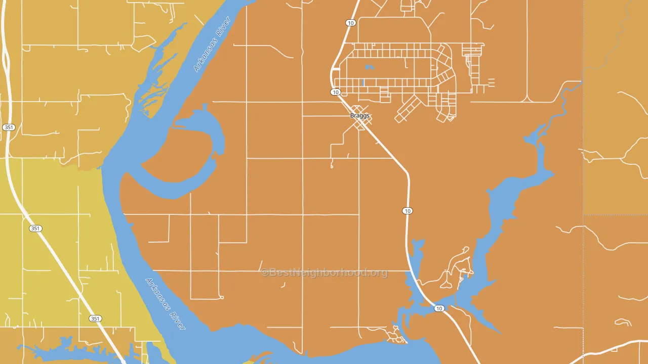 Map of the best neighborhoods in the 74423 area, with better matches in green and worse matches in red