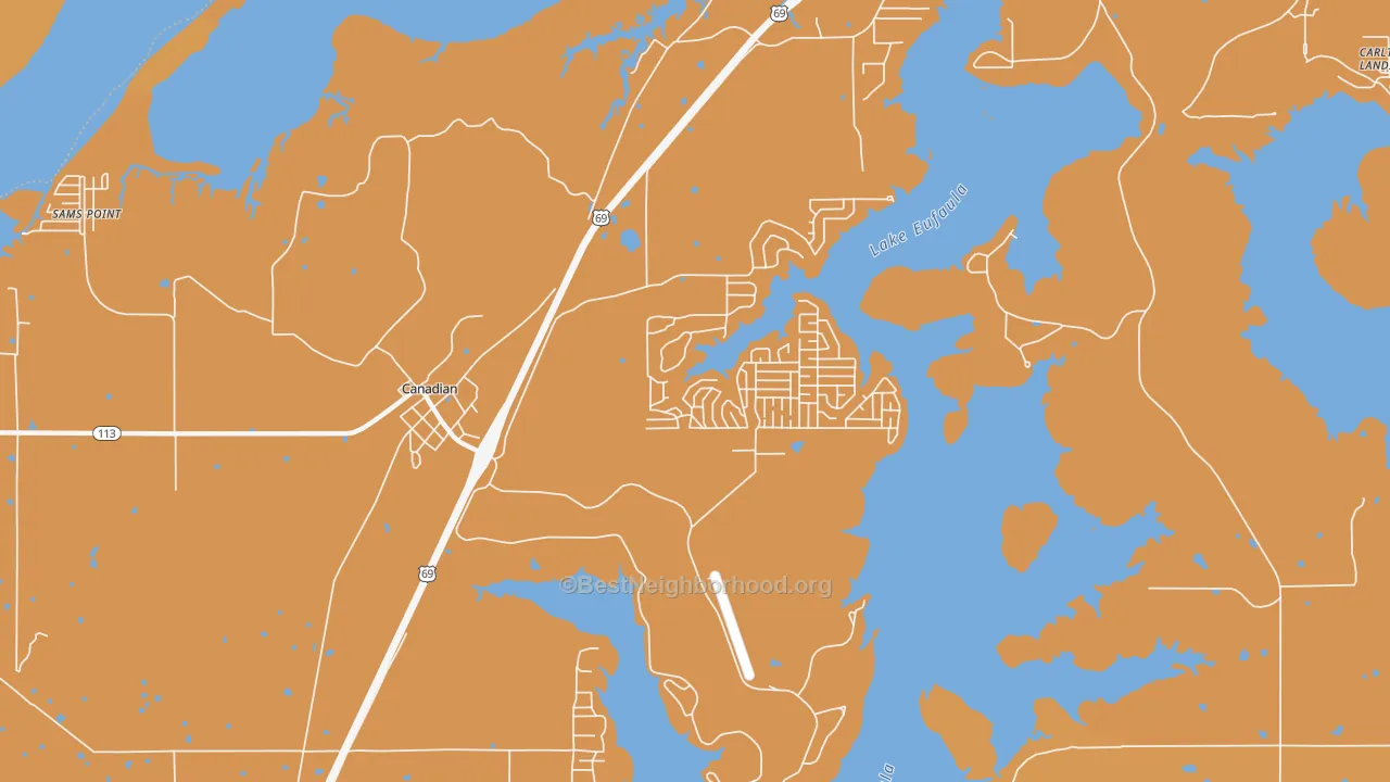 Map of the best neighborhoods in the 74425 area, with better matches in green and worse matches in red