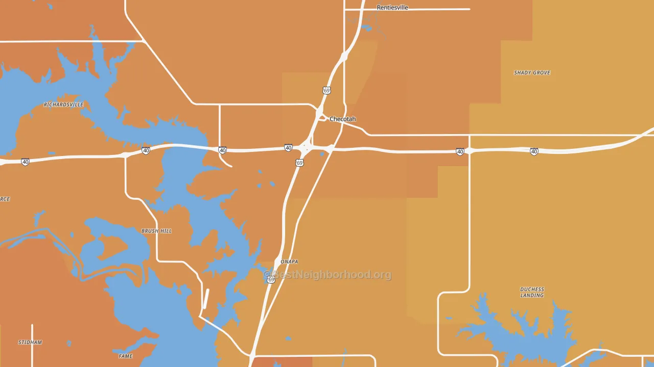 Map of the best neighborhoods in the 74426 area, with better matches in green and worse matches in red